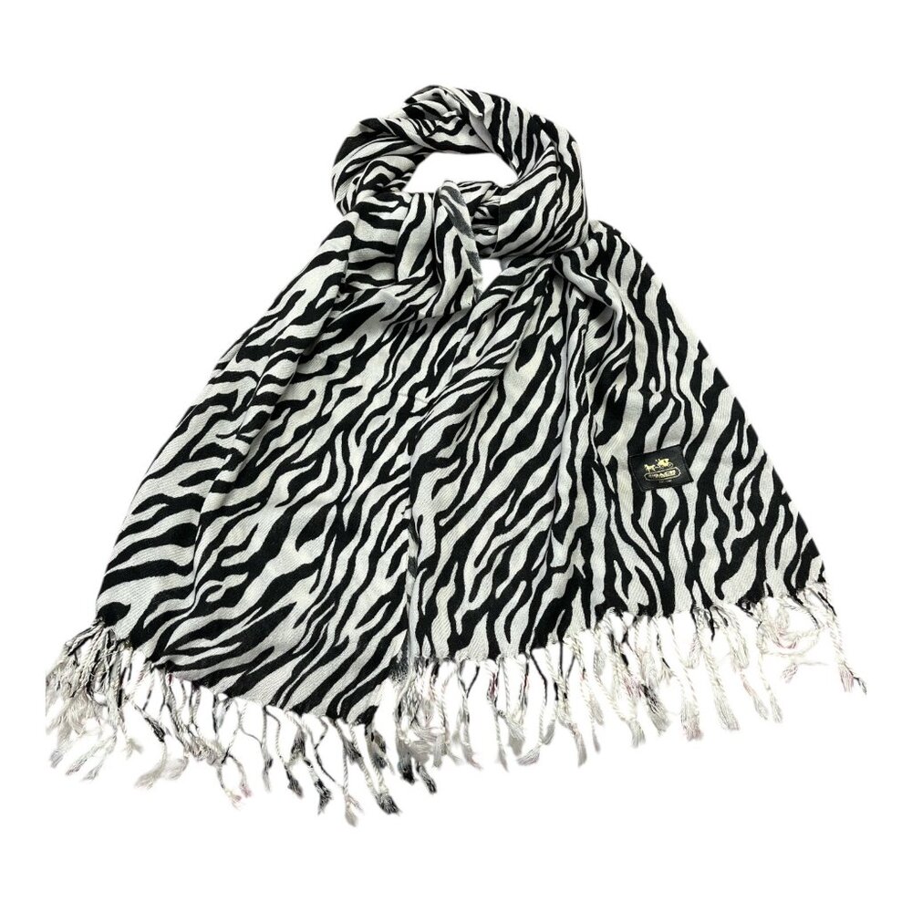 Coach Black and White Zebra Print Fringe Scarf Wrap